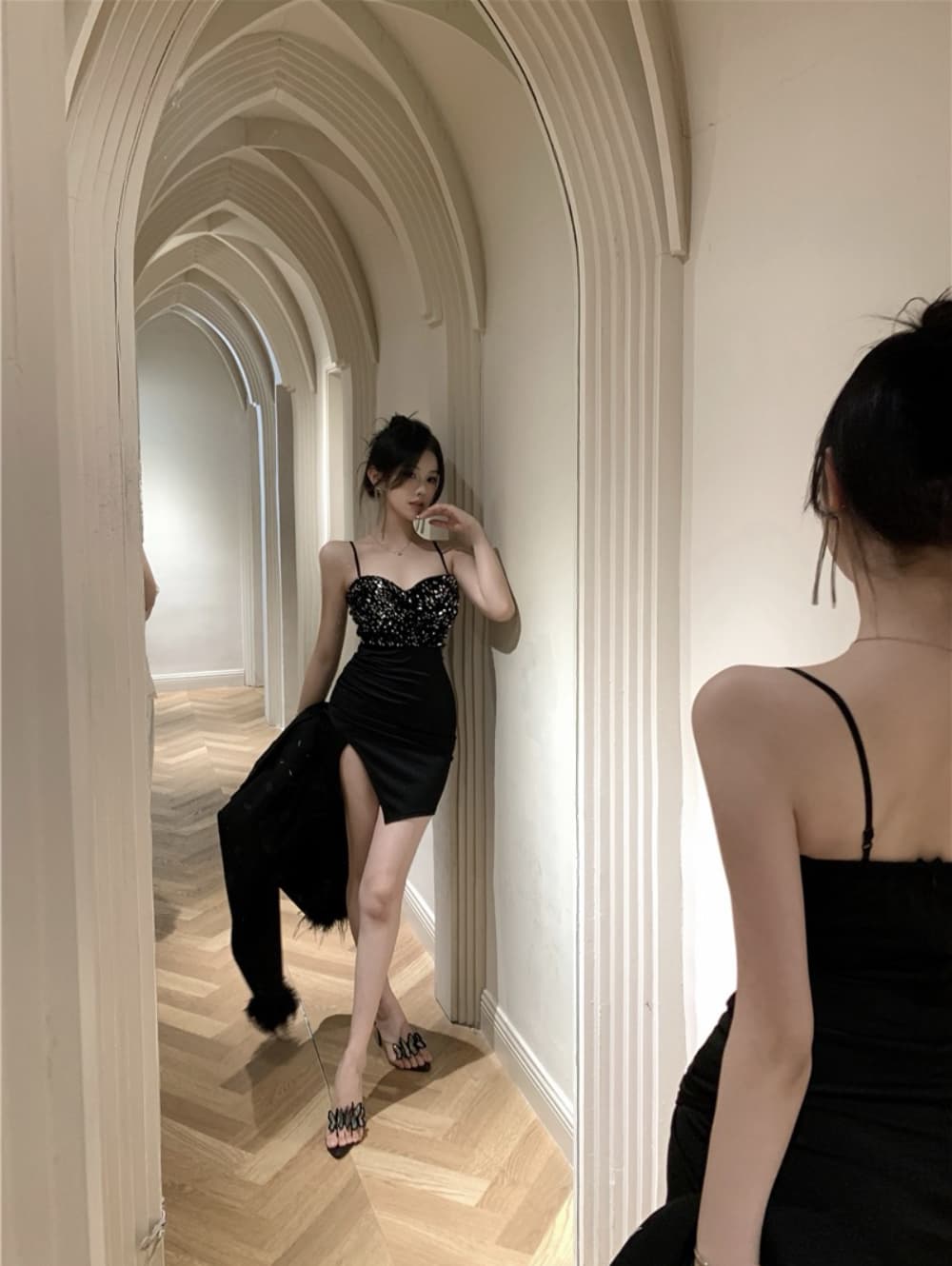 실사 섹시함 빛 럭셔리 고급 센스 스팽글 패치워크 트임 드레스 복장 연회 작은 드레스 치마 상세 이미지 13