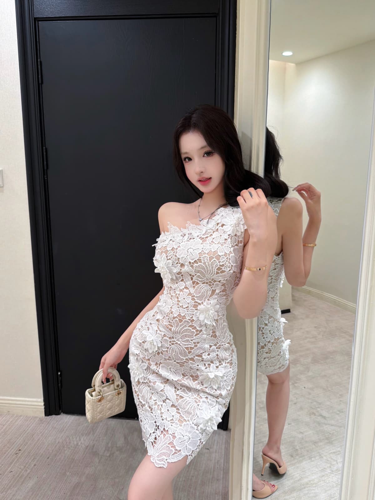 실사 레이스 레이스 몸매 가꾸기 3 차원 꽃 비스듬한 어깨 오프숄더 빛 럭셔리 품격 타이트 스커트 드레스 상세 이미지 1