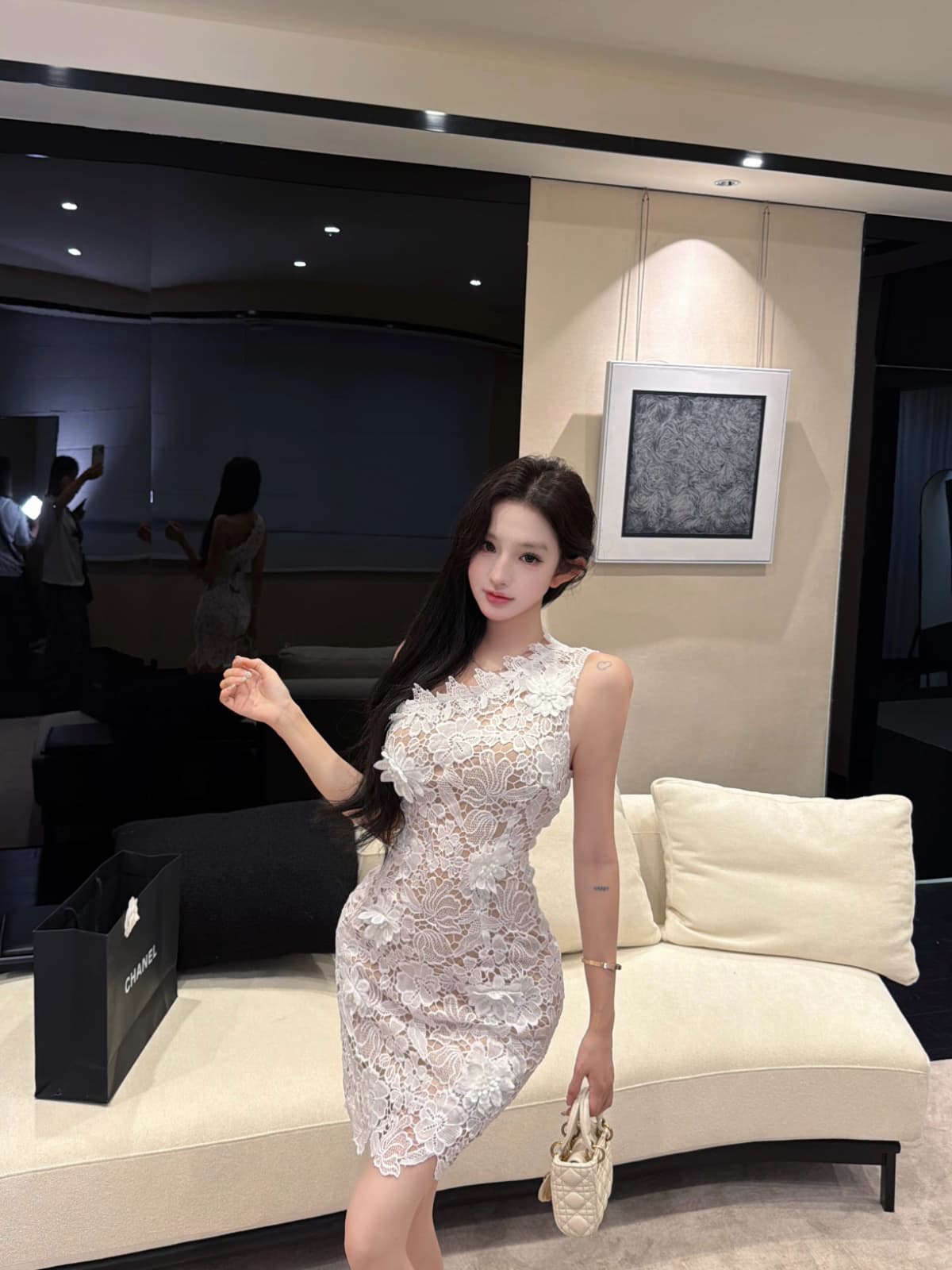 실사 레이스 레이스 몸매 가꾸기 3 차원 꽃 비스듬한 어깨 오프숄더 빛 럭셔리 품격 타이트 스커트 드레스 상세 이미지 4