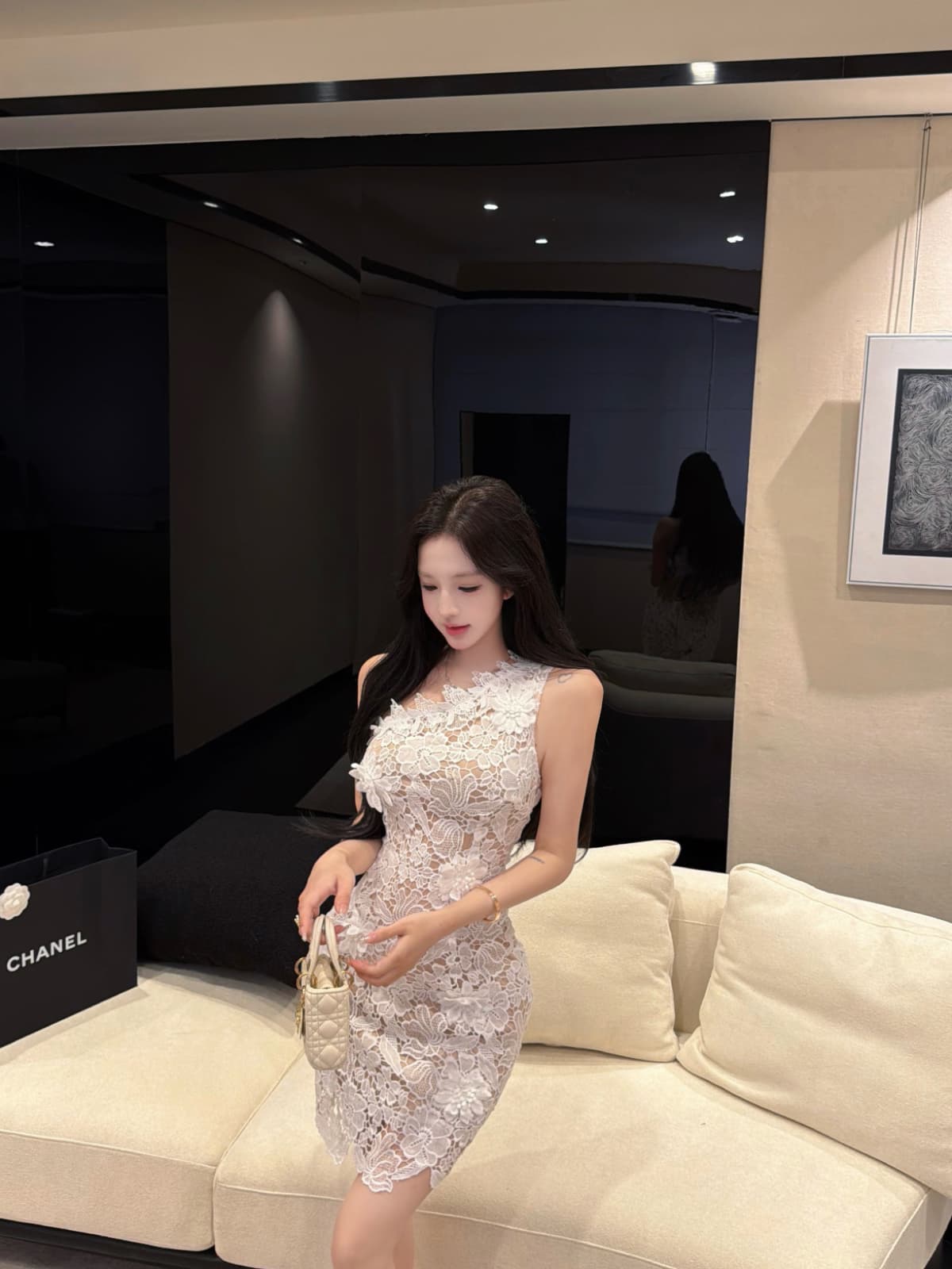 실사 레이스 레이스 몸매 가꾸기 3 차원 꽃 비스듬한 어깨 오프숄더 빛 럭셔리 품격 타이트 스커트 드레스 상세 이미지 7