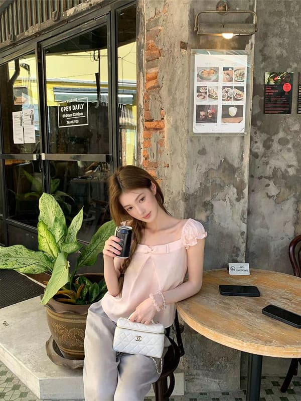 zhidaole 빛 산소 센스 달콤함 라이트 핑크 나비 매듭 반팔 맨위 여름 분기 별 칼라 루즈핏 다용도 작은 셔츠 이미지 4