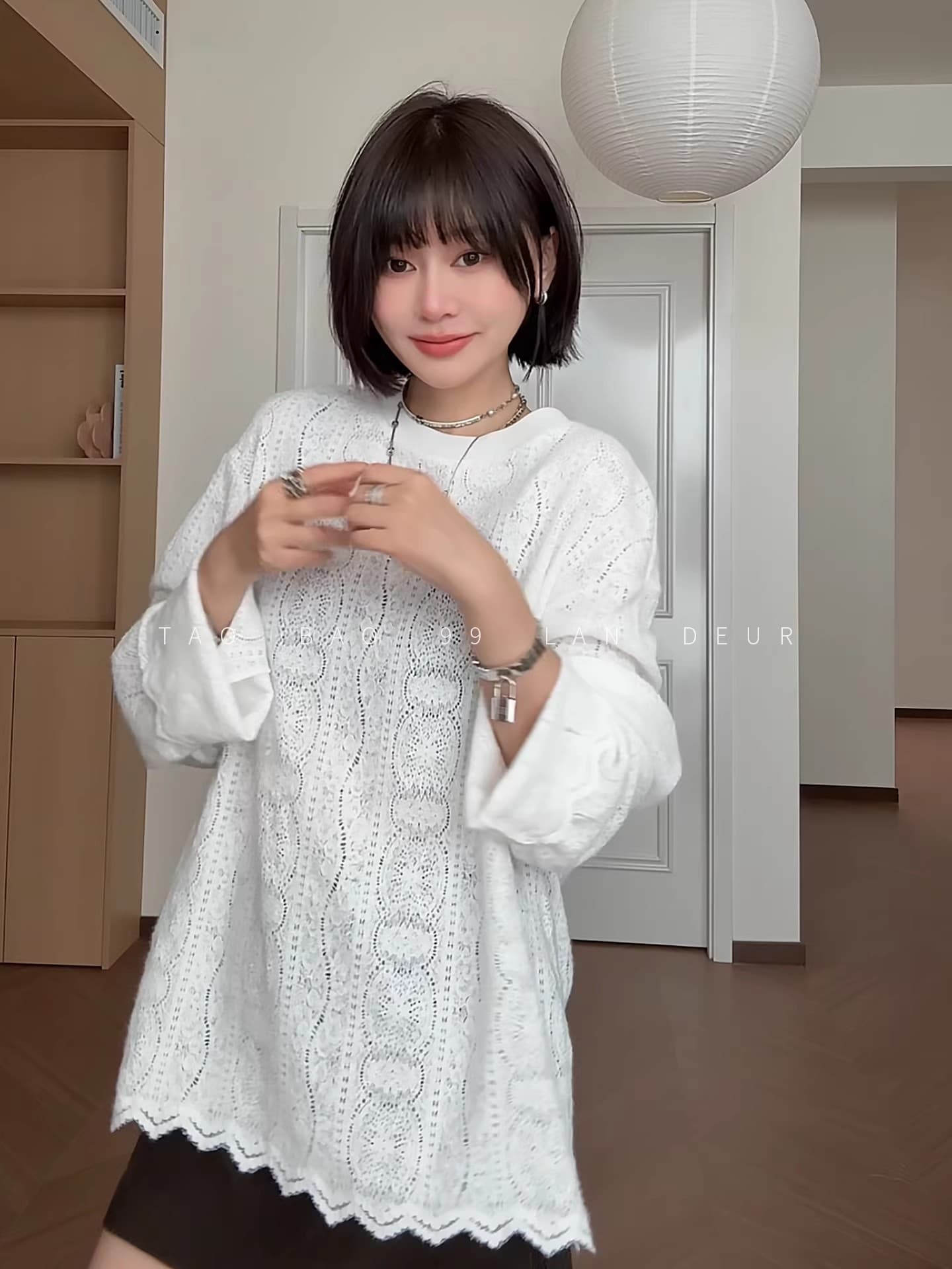 한 부서 라운드 넥 루즈핏 화이트 티셔츠 레이스 외국 가스 긴팔 가을 겨울 만나는 슈퍼 600 사람들 플러스 구매