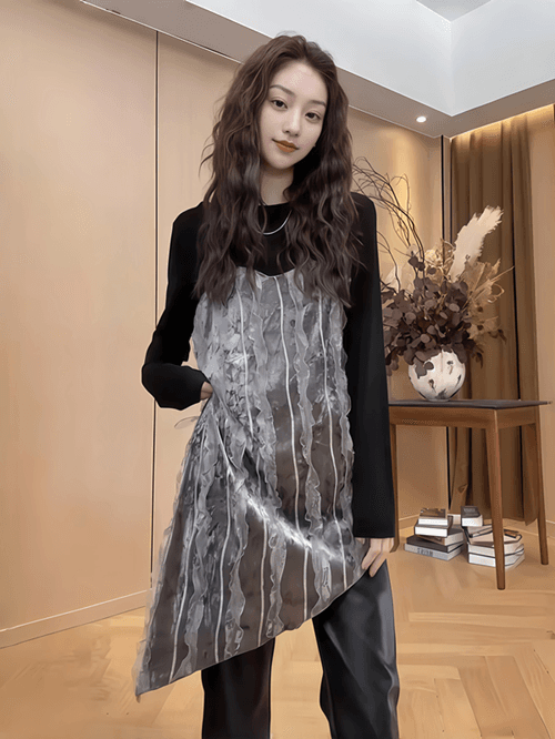 빅 사이즈 불규칙 벨벳 자수 민소매 캐미솔 이른 봄 마이크로 지방 mm 슬림해 보이는 표지 배 인사이드 가져 가라. 스택 착용 맨위 상세 이미지 1