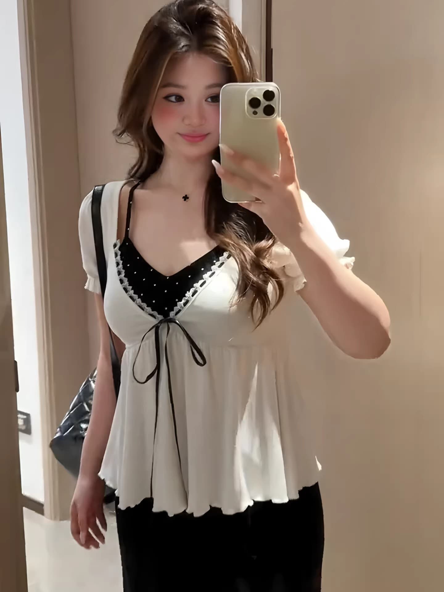 빅 사이즈 여성 의류 순수한 욕망 핫걸 바람 V넥 페이크 레이어드 반팔 티셔츠 여름 새로운 슬림해 보이는 아름다운 작은 맨위