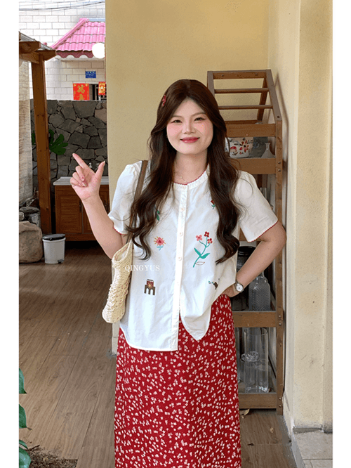 녹색 섬 셔츠 마이크로 지방 여름 빅 사이즈 프랑스식 달콤함 연령 감소 부드러운 바람 꽃무늬 프린트 목이버섯 긍정적 인 어깨 여성 셔츠