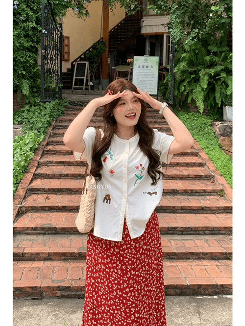 녹색 섬 셔츠 마이크로 지방 여름 빅 사이즈 프랑스식 달콤함 연령 감소 부드러운 바람 꽃무늬 프린트 목이버섯 긍정적 인 어깨 여성 셔츠 이미지 2