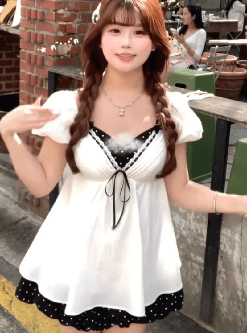 빅 사이즈 지방 mm 베이비 칼라 도트 무늬 패치워크 페이크 레이어드 여성 드레스 여름 프랑스식 소녀 바람 순수한 욕망 슬림해 보이는 치마