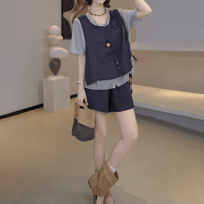 패션 세트 여성 여름 새로운 패치워크 베스트 와이드 레그 팬츠 캐주얼 투피스 세트 슬림해 보이는 외국 가스 착용 가져 가라. 이미지 4