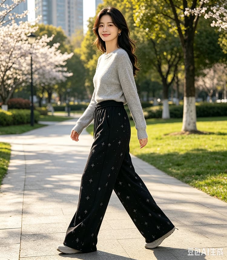 실사 십자가 핫픽스 새로운 모통이 칼 바지 가을 겨울 하이웨이스트 루즈핏 운동 바지 캐주얼 배기 바지 여성 상세 이미지 3