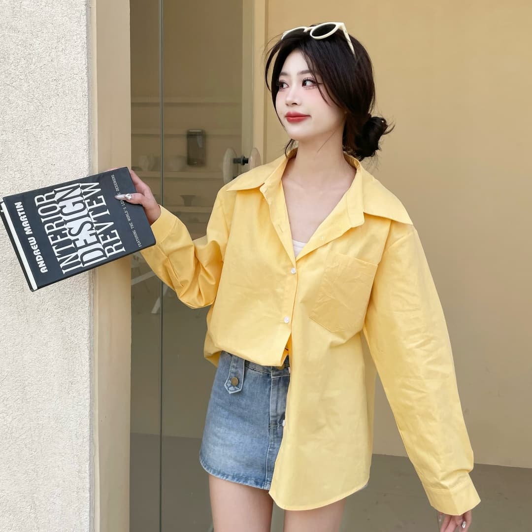 실사 단색 긴팔 여성 셔츠 2026 봄 새로운 루즈핏 한국 스타일 단색 맨위 다용도 캐주얼 작은 대중 셔츠 이미지 2
