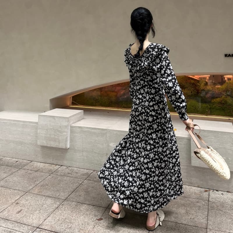 실사 2026 년 봄 드레스 새로운 한국 스타일 꽃무늬 드레스 여성 긴 소매 슬림해 보이는 품격 치마 프린트 롱 스커트 상세 이미지 5