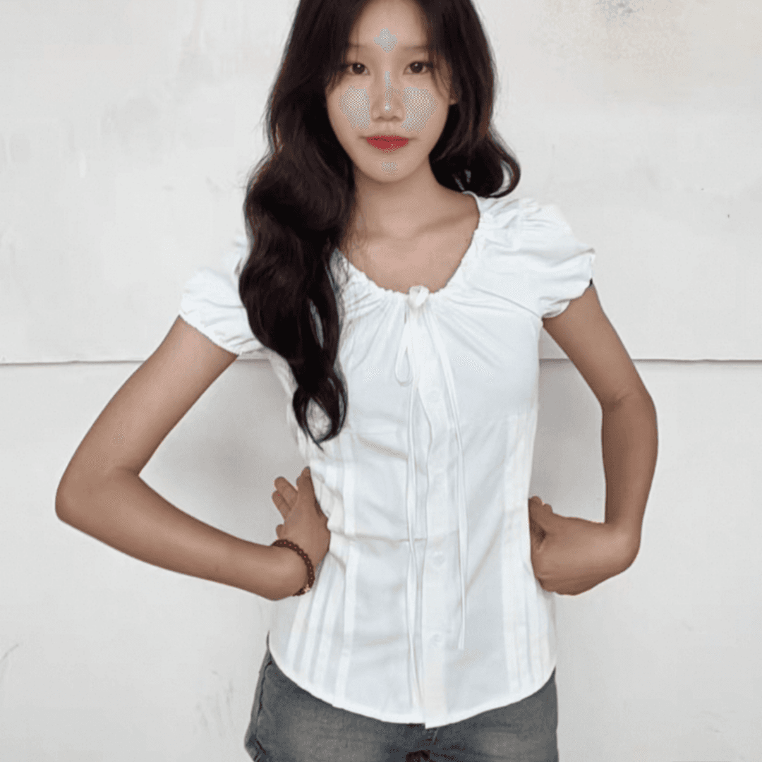 새로운 레이스업 거품 소매 반팔 싱글 줄 버튼 셔츠 여름 얇은 스타일 스트레이트 슬림해 보이는 맨위 여성 상세 이미지 2