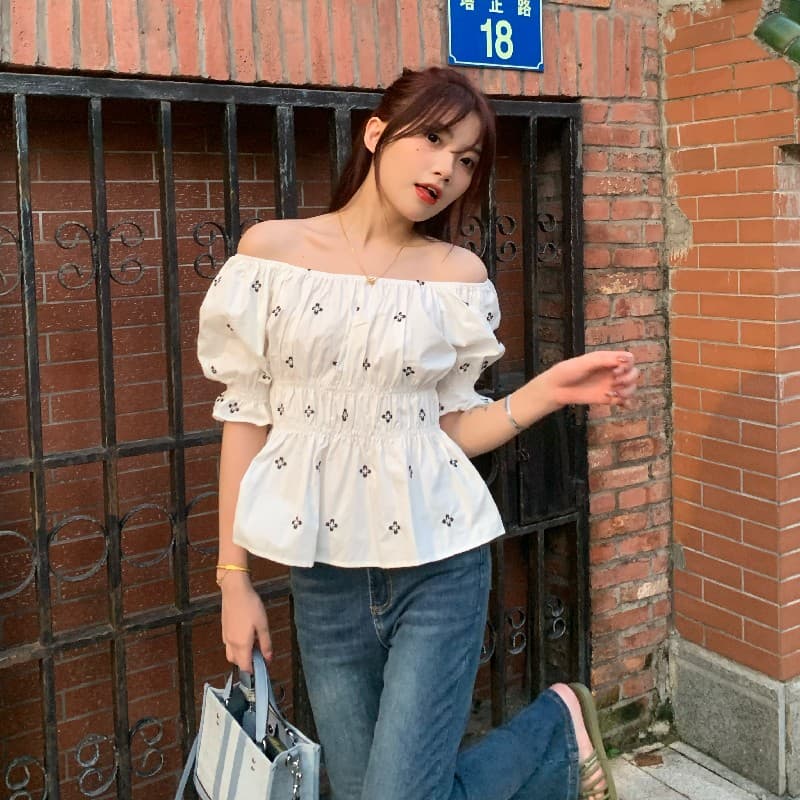새로운 패션 루즈핏 자수 명중 가져 가라. 거품 소매 작은 셔츠 이미지 2