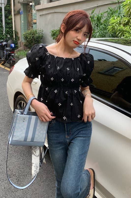 새로운 패션 루즈핏 자수 명중 가져 가라. 거품 소매 작은 셔츠 이미지 6
