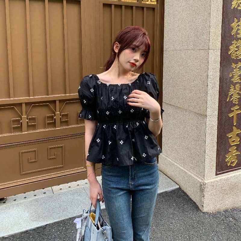 새로운 패션 루즈핏 자수 명중 가져 가라. 거품 소매 작은 셔츠 상세 이미지 1