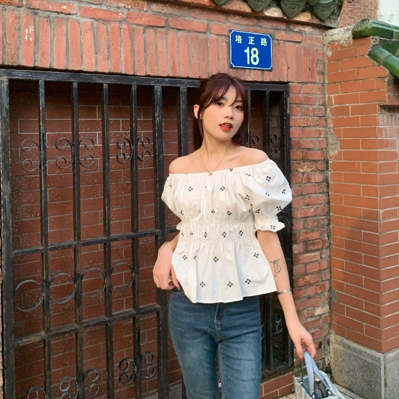 새로운 패션 루즈핏 자수 명중 가져 가라. 거품 소매 작은 셔츠 상세 이미지 10
