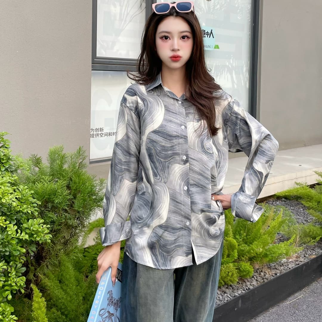 봄 여성 인터넷 유명인 레트로 수묵화 프린트 셔츠 여자 학생 항구 바람 디자인 센스 작은 대중 긴팔 셔츠 트렌디 이미지 4