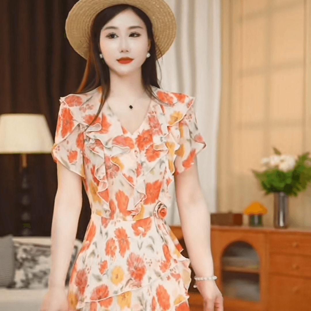아름다운 슈퍼 요정 차 휴식 캄파넬라 세과 프랑스식 품격 광장 칼라 허리 수축 꽃무늬 여성 드레스 이미지 2