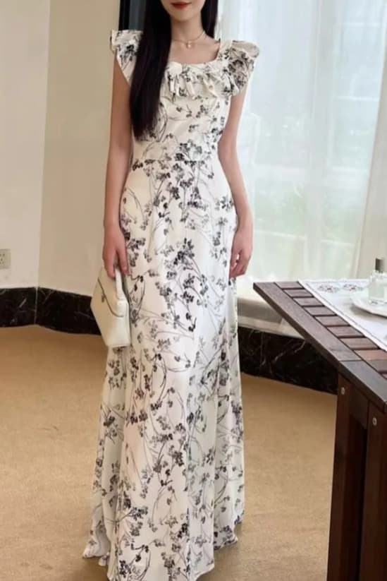 실사 정가 순수한 욕망 Feifei 소매 광장 칼라 꽃무늬 롱 스커트 드레스 이미지 6