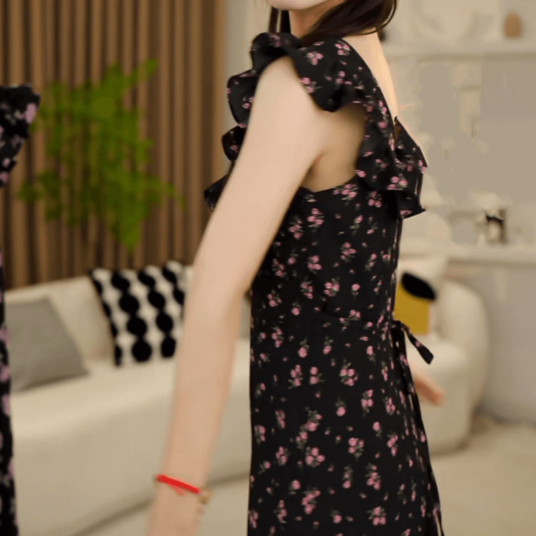 실사 정가 순수한 욕망 Feifei 소매 광장 칼라 꽃무늬 롱 스커트 드레스 상세 이미지 4