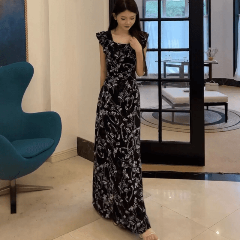 실사 정가 순수한 욕망 Feifei 소매 광장 칼라 꽃무늬 롱 스커트 드레스 상세 이미지 7