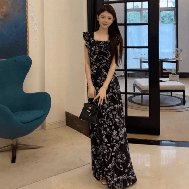실사 정가 순수한 욕망 Feifei 소매 광장 칼라 꽃무늬 롱 스커트 드레스 상세 이미지 10