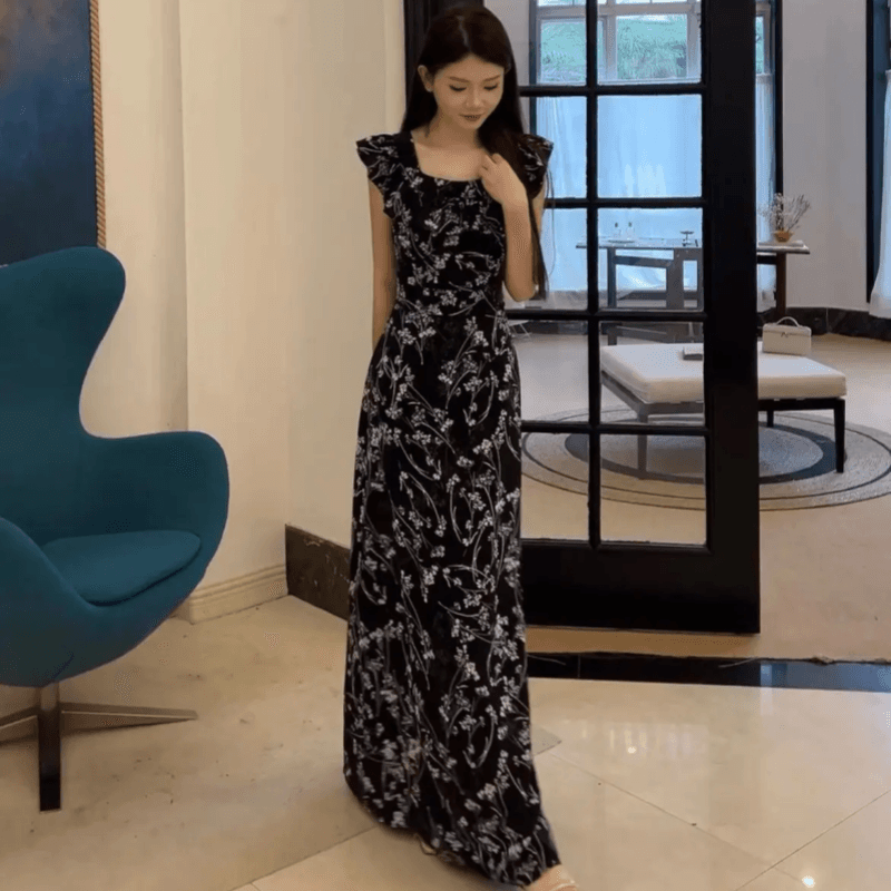실사 정가 순수한 욕망 Feifei 소매 광장 칼라 꽃무늬 롱 스커트 드레스 상세 이미지 11