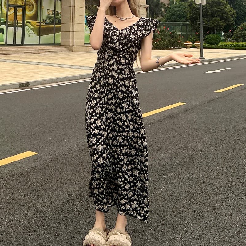 실사 정가 순수한 욕망 Feifei 소매 광장 칼라 꽃무늬 롱 스커트 드레스 상세 이미지 26