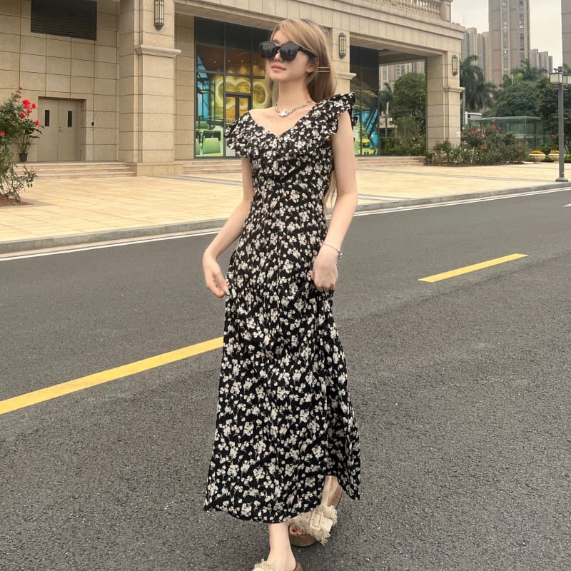 실사 정가 순수한 욕망 Feifei 소매 광장 칼라 꽃무늬 롱 스커트 드레스 상세 이미지 28