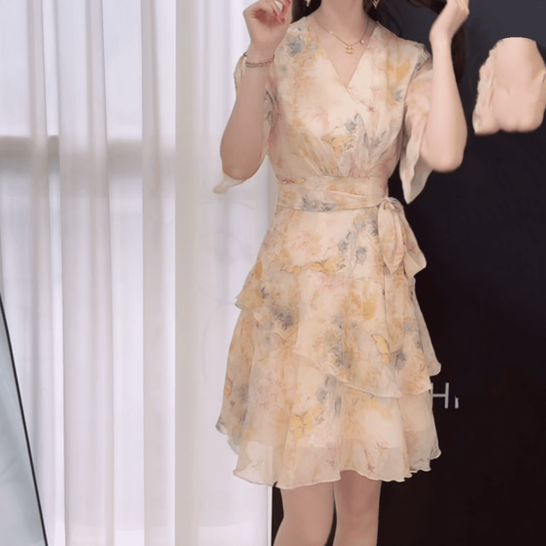 첫눈에 품격 디자이너 슬림해 보이는 프랑스식 허리 수축 밝은 노란색 색 후광 염색 드레스 상세 이미지 1