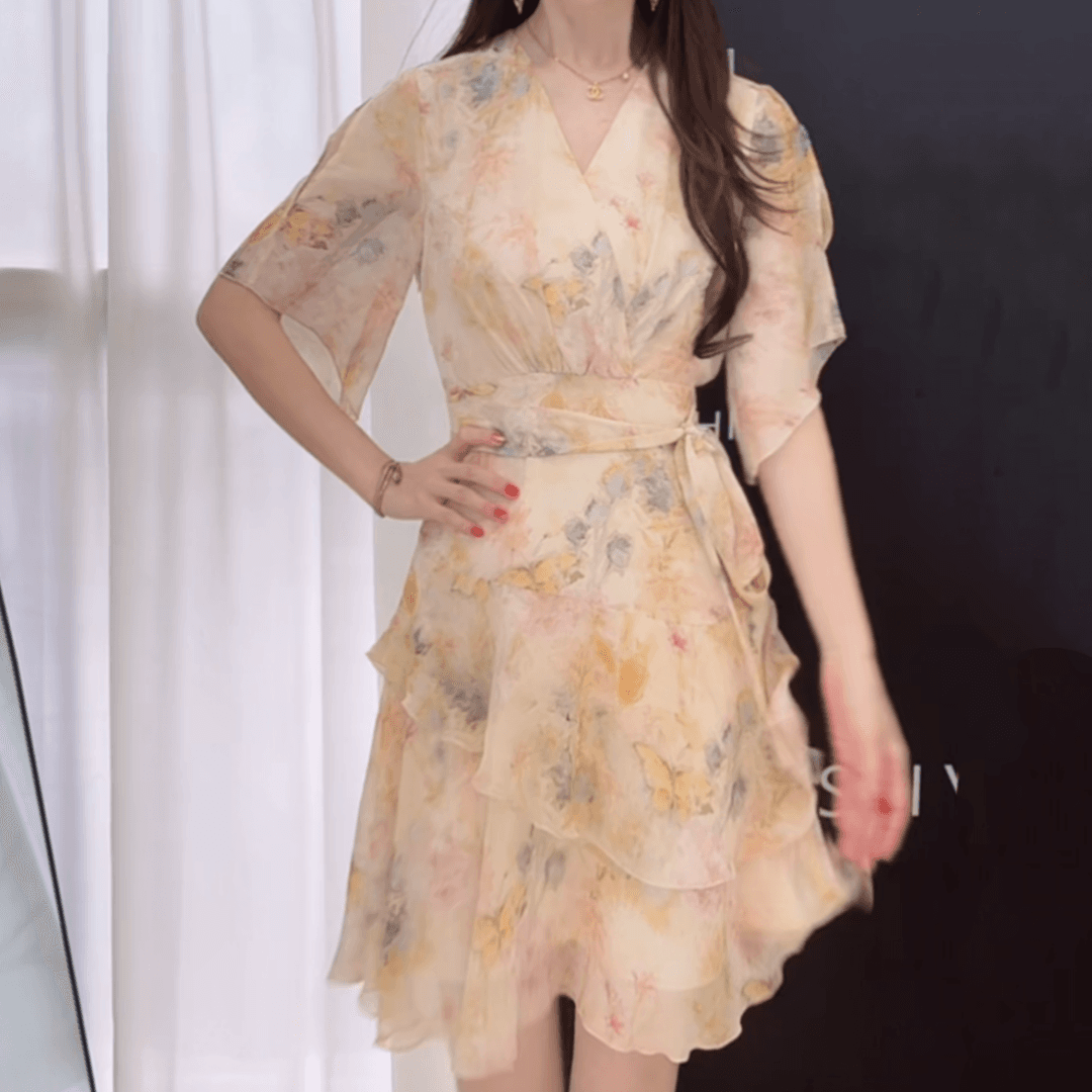 첫눈에 품격 디자이너 슬림해 보이는 프랑스식 허리 수축 밝은 노란색 색 후광 염색 드레스 상세 이미지 7