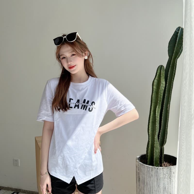 실사 여름 새로운 한국 스타일 몸매 가꾸기 품격 알파벳 프린트 금속 사슬 순면 반팔 티셔츠 여성 디자인 센스 상세 이미지 4