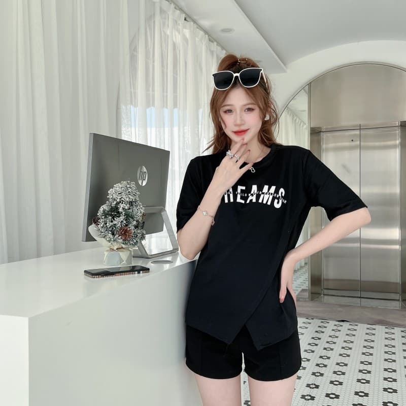 실사 여름 새로운 한국 스타일 몸매 가꾸기 품격 알파벳 프린트 금속 사슬 순면 반팔 티셔츠 여성 디자인 센스 상세 이미지 20