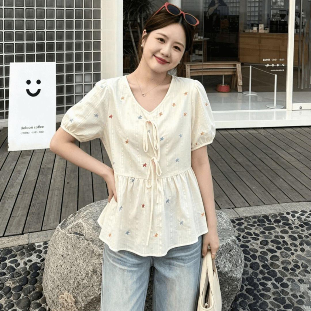 실사 2026 여름 새로운 지방 mm 빅 사이즈 여성 한 부서 연령 감소 색상 작은 말 자수 반팔 작은 셔츠 맨위 이미지 3