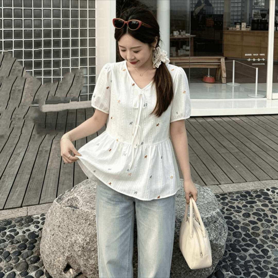 실사 2026 여름 새로운 지방 mm 빅 사이즈 여성 한 부서 연령 감소 색상 작은 말 자수 반팔 작은 셔츠 맨위 이미지 2