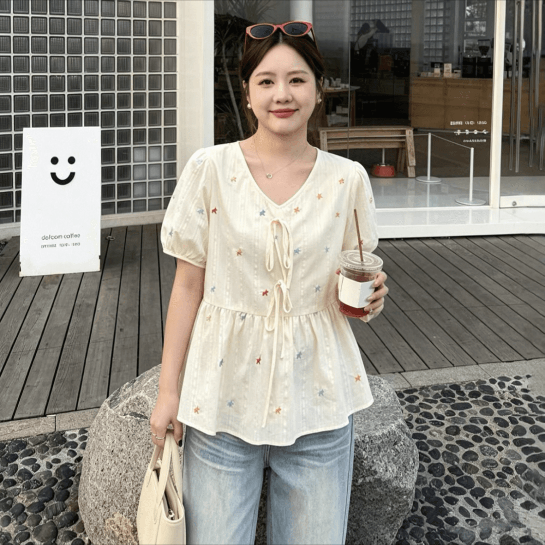 실사 2026 여름 새로운 지방 mm 빅 사이즈 여성 한 부서 연령 감소 색상 작은 말 자수 반팔 작은 셔츠 맨위 상세 이미지 2