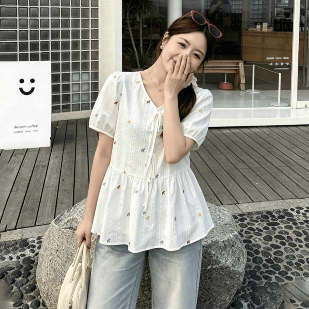 실사 2026 여름 새로운 지방 mm 빅 사이즈 여성 한 부서 연령 감소 색상 작은 말 자수 반팔 작은 셔츠 맨위 상세 이미지 4
