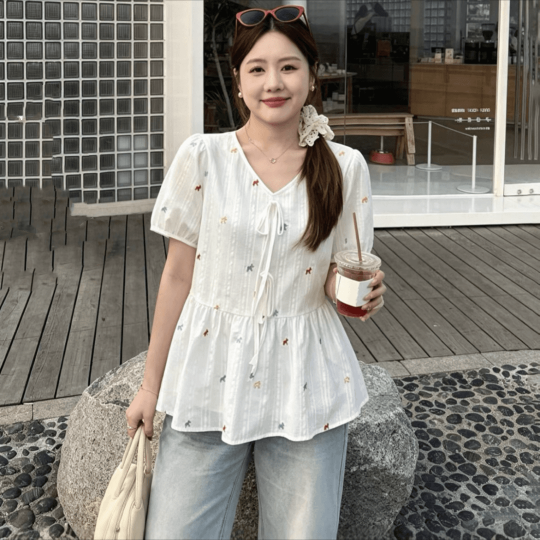 실사 2026 여름 새로운 지방 mm 빅 사이즈 여성 한 부서 연령 감소 색상 작은 말 자수 반팔 작은 셔츠 맨위 상세 이미지 6