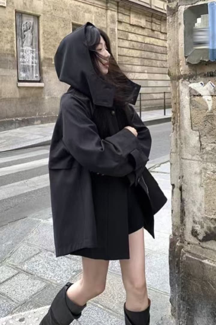 2026 영국식 바람 바람막이 여성 가을 겨울 새로운 작은 키 디자인 센스 루즈핏 후드 망토 재킷 이미지 6