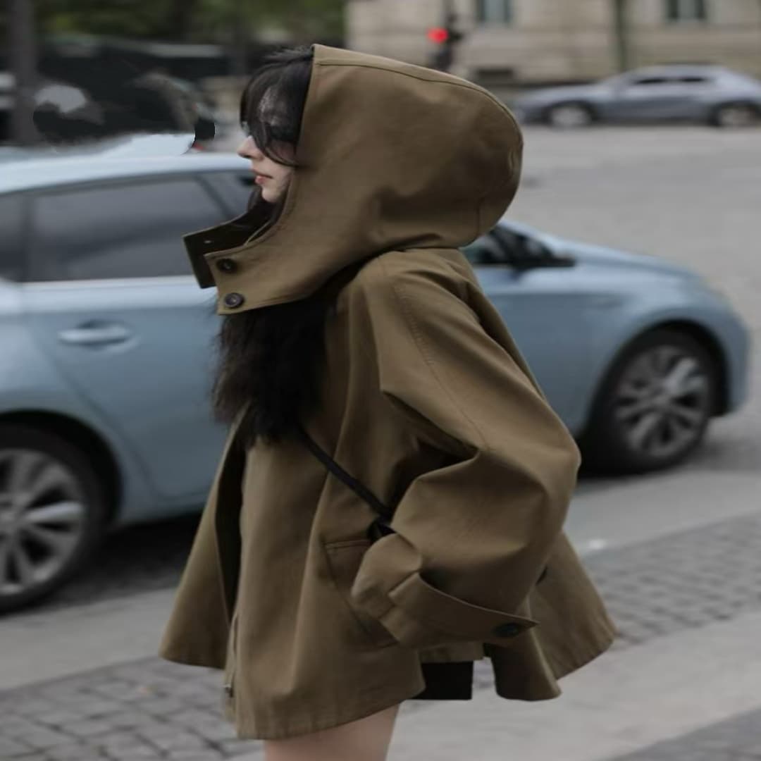 2026 영국식 바람 바람막이 여성 가을 겨울 새로운 작은 키 디자인 센스 루즈핏 후드 망토 재킷 상세 이미지 7