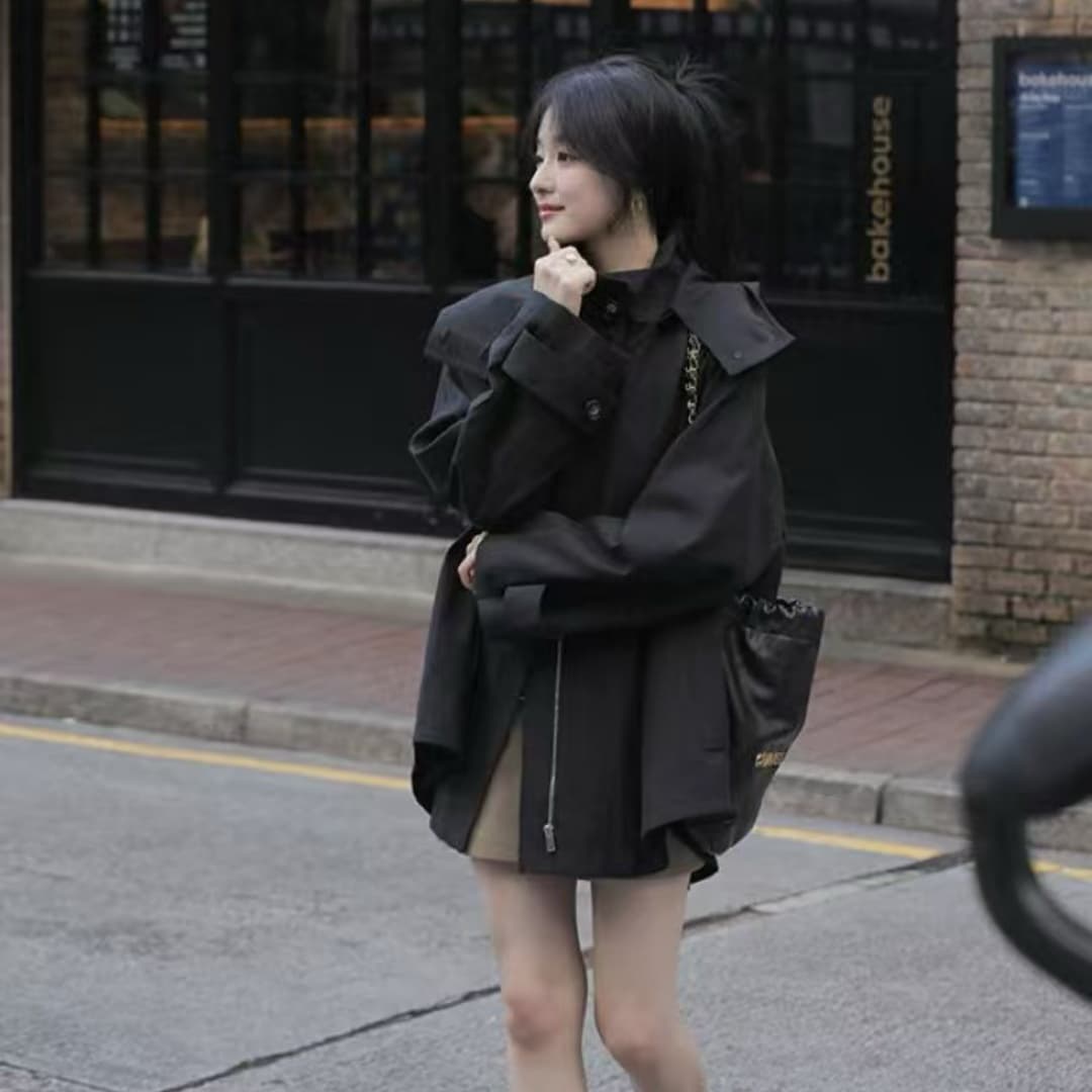 2026 영국식 바람 바람막이 여성 가을 겨울 새로운 작은 키 디자인 센스 루즈핏 후드 망토 재킷 상세 이미지 9
