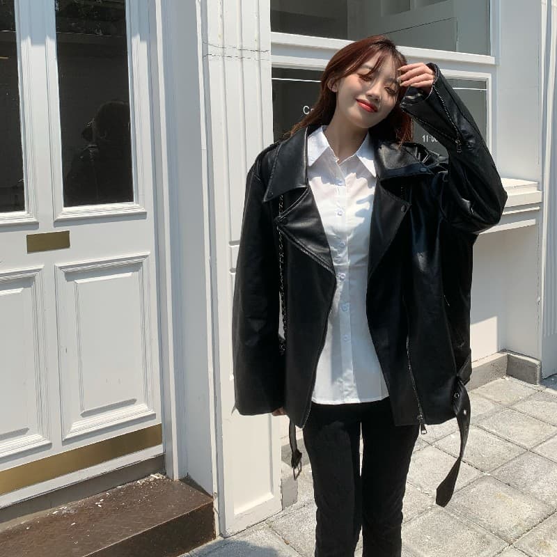 차가운 바람의 소리 바람 검정색 가죽 재킷 여성 코트 2026 새로운 가을 무거운 작업 레트로 고유 한 슈퍼 잘 생긴 오토바이 재킷 상세 이미지 8