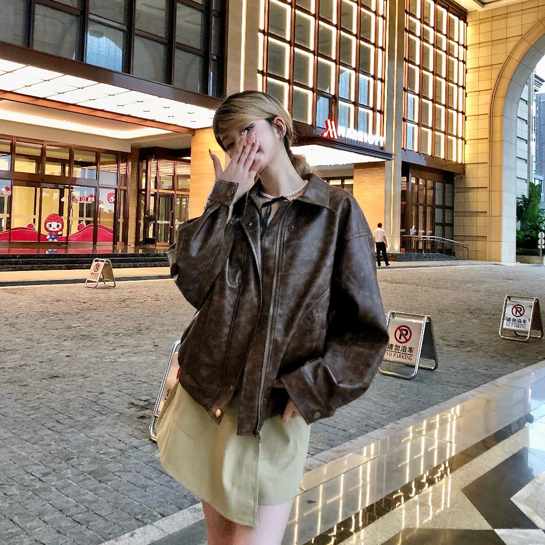 rainy 레트로 센스 문지르다 색상 마 오래된 폴로 칼라 가죽 재킷 여성 봄 가을 루즈핏 달콤한 차가운 오토바이 아메리칸 재킷 짧은 외투 상세 이미지 8