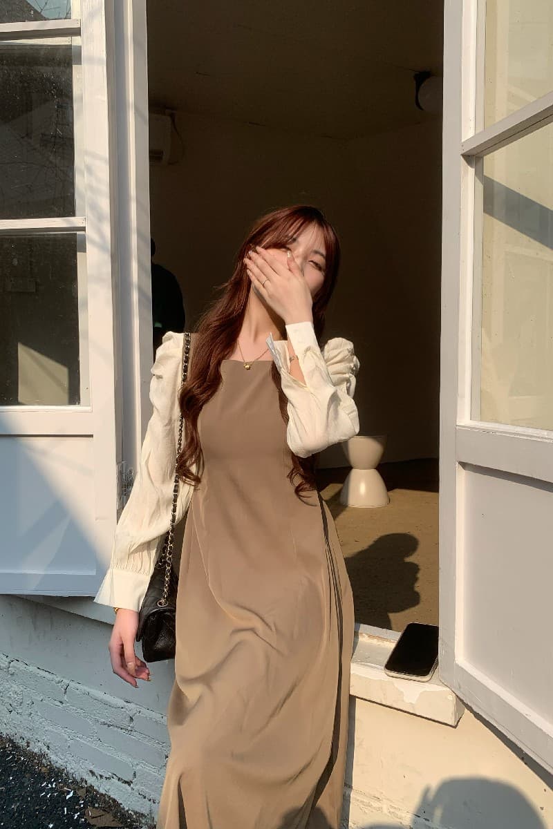 한국 동대문 2026 가을 의상 새로운 페이크 레이어드 패치워크 레이스업 허리 수축 드레스 상세 이미지 14