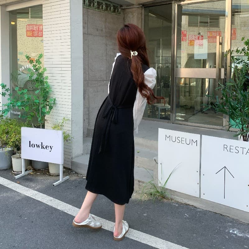 한국 동대문 2026 가을 의상 새로운 페이크 레이어드 패치워크 레이스업 허리 수축 드레스 상세 이미지 19
