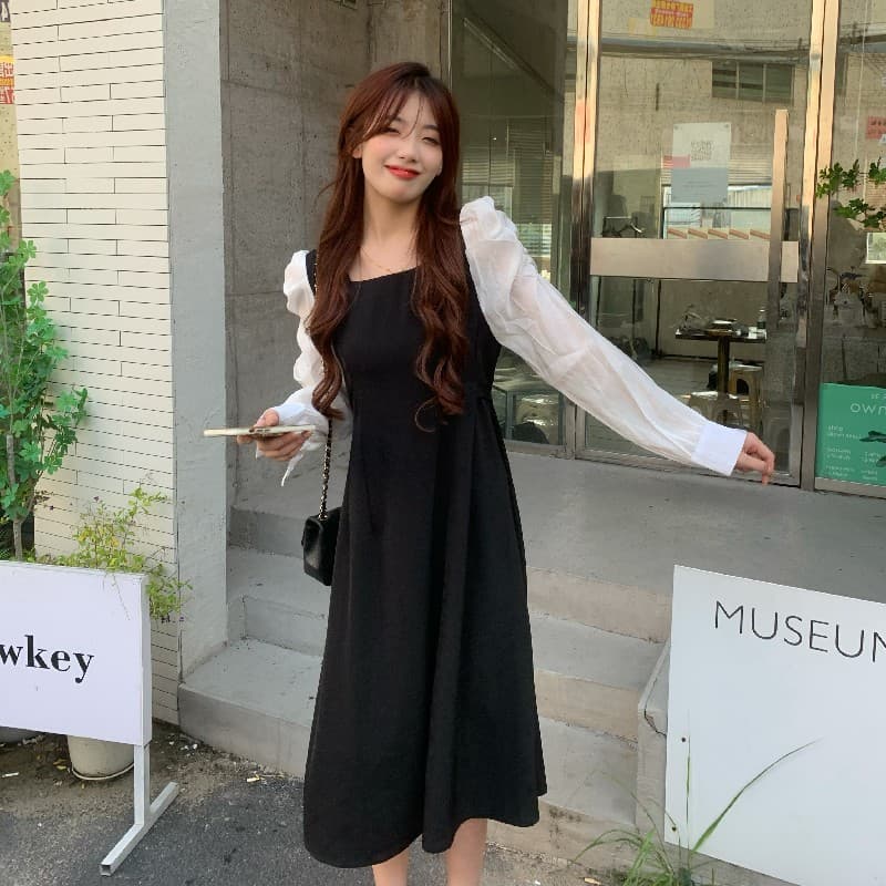 한국 동대문 2026 가을 의상 새로운 페이크 레이어드 패치워크 레이스업 허리 수축 드레스 상세 이미지 20