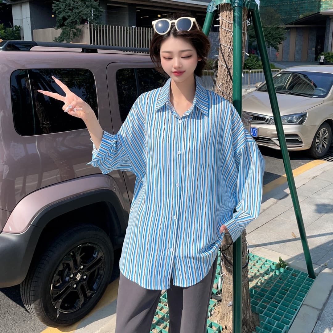 실사 정가 레트로 스트라이프 셔츠 여성 코트 이른 가을 새로운 셔츠 외부 가져 가라. 오픈 가디건 루즈핏 긴팔 맨위 상세 이미지 13