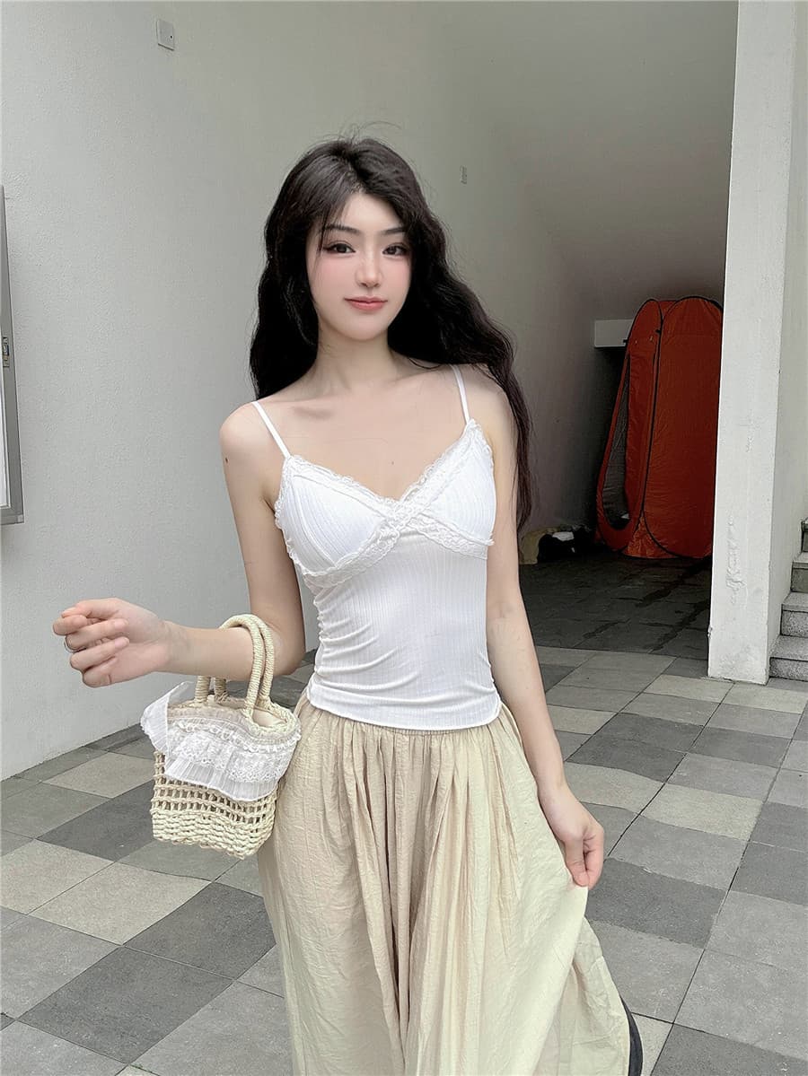 실사 감소되지 않음 섹시함 V넥 핫걸 캐미솔 봄 여름 레이스 조각 벨트 가슴 패드 언더 코트 이미지 2