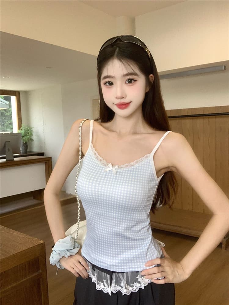 실사 감소되지 않음 핫걸 체크무늬 작은 꽃무늬 레이스 조각 캐미솔 벨트 가슴 패드 민소매 맨위 상세 이미지 21