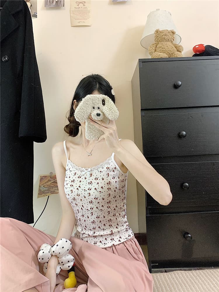 실사 감소되지 않음 핫걸 체크무늬 작은 꽃무늬 레이스 조각 캐미솔 벨트 가슴 패드 민소매 맨위 상세 이미지 27